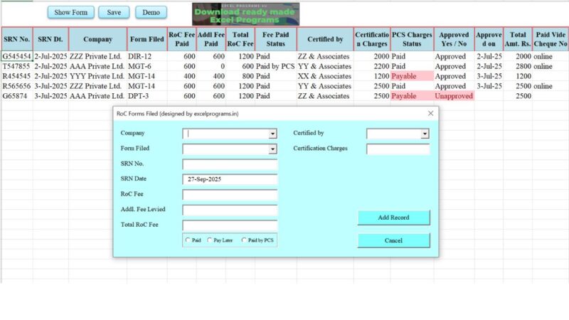 RoC Forms Filed Approved Paid Ver 9.1 T