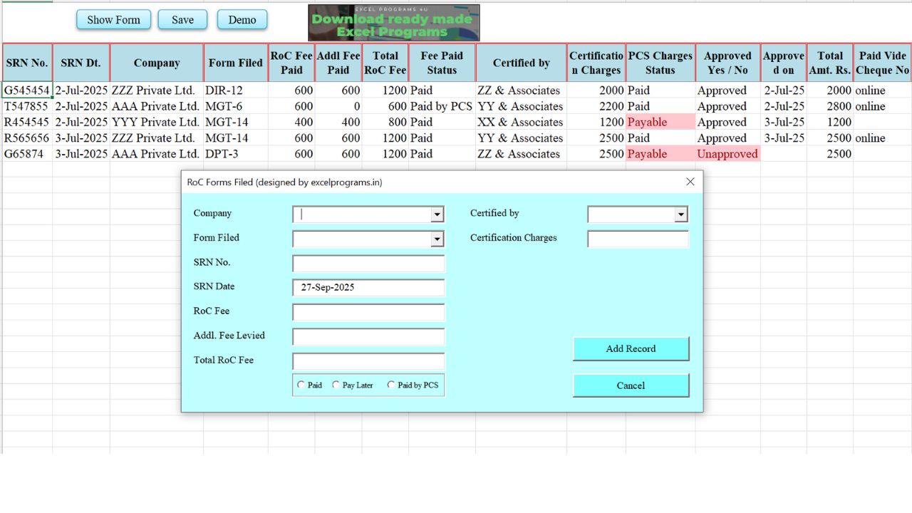 RoC Forms Filed Approved Paid Ver 9.1 T – Excel Programs 4U